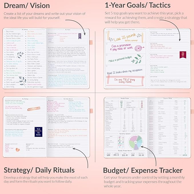 GoGirl Planner PRO - Undated Horizontal Layout Weekly Planner and Organizer + Budgeting and Expense Tracking Pages, Goals Journal & Agenda, 7" x 10" Hardcover, Lasts 1 Year - Peach Pink