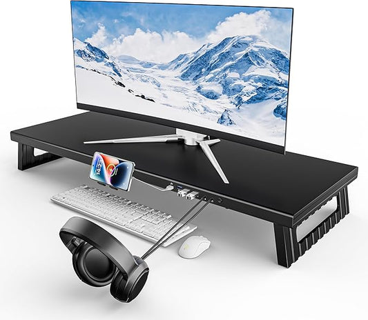 All-Metal Foldable Monitor Stand with 28cm Wide Desktop,, Headphone & Mic Jack, Detachable Phone Holder, (USB Hub Fast Charging Version, 760mm)
