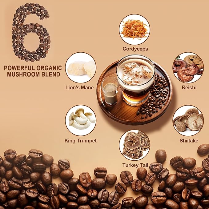 2025 NEW Mushroom Coffee, Organic 6 Mushrooms with Lion's Mane, Reishi, Cordyceps, Shiitake, King Trumpet & Turkey Tail, Instant Coffee Powder, 30 Servings 1 Pack
