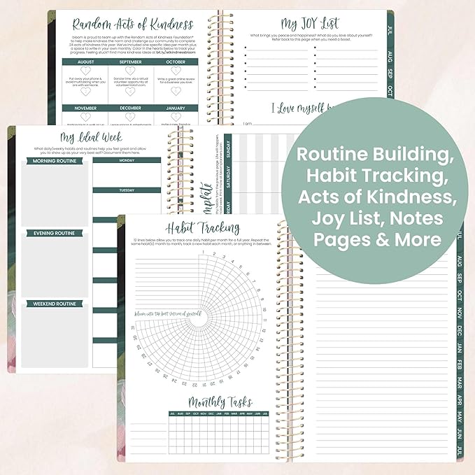 bloom daily planners 2025-2026 Academic Year Daily Planner (July 2025 - July 2026) - A5 Weekly & Monthly Calendar Agenda Organizer Book with Stickers - 5.5" x 8.25" - Emerald Paint Strokes