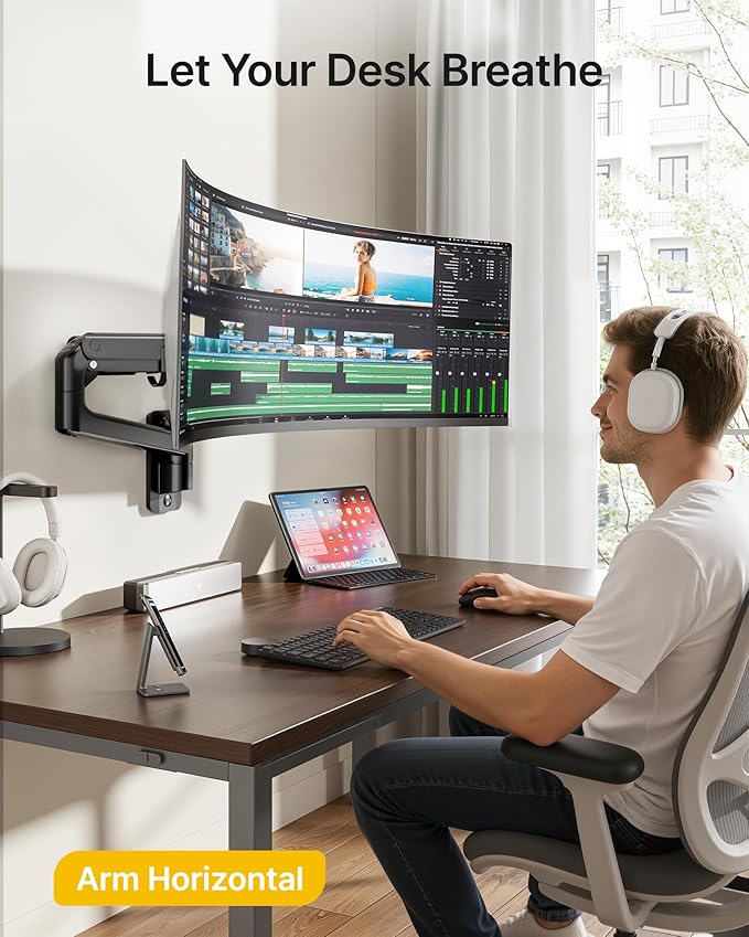 monTEK Monitor Wall Mount for 17-57“ up to 59.4 lbs Ultrawide Screens, Single Heavy-Duty Aluminum Gas Spring Monitor Arm with Full Motion Adjustment, VESA 75x75/100x100 Compatible, Black