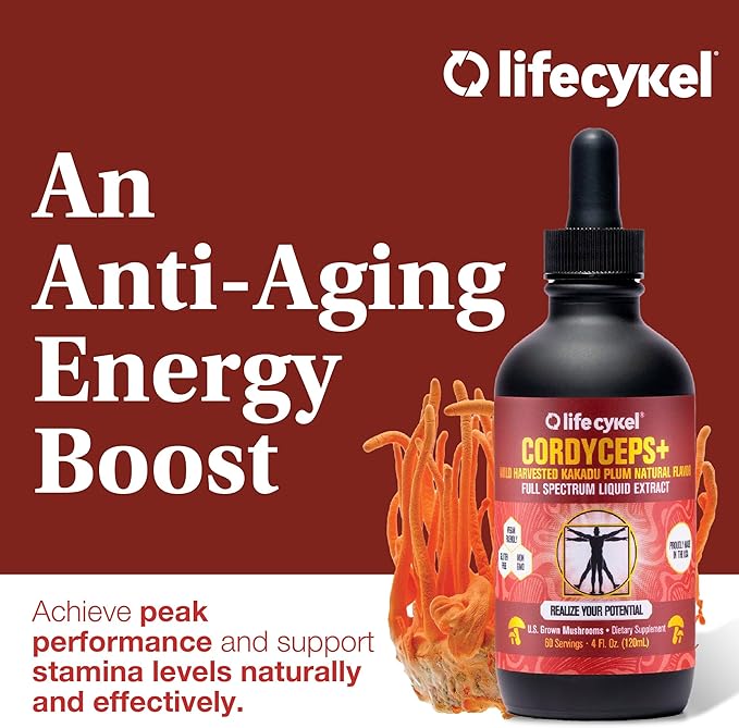 Lifecykel Cordyceps Mushroom Extract with Kakadu Plum - Energy, Stamina & Vitality Support, Natural Aging Supplement - Non-GMO and Vegan Tincture - 4Fl Oz