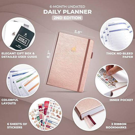 Clever Fox Daily Planner 2nd Edition – Undated Time Block Task Organizer with Hourly Schedule & to-do List – A5, 6 Months (Rose Gold)