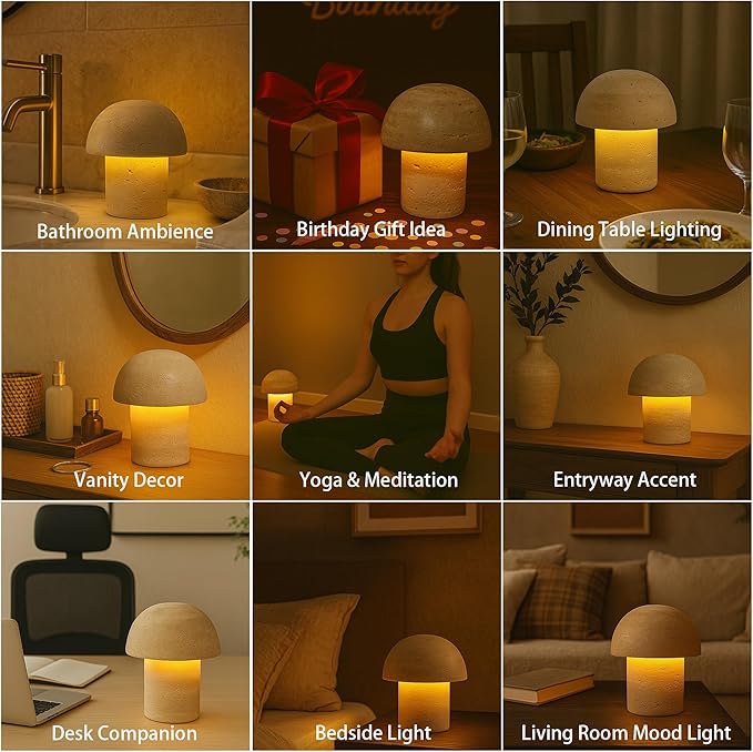 Natural Stone Mushroom Lamp - Handcrafted Travertine Night Light, Rechargeable with Type-C, Dimmable LED Accent Light for Bedroom & Living Room