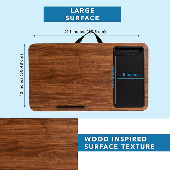 LAPGEAR Home Office Lap Desk with Device Ledge, Mouse Pad, and Phone Holder - Espresso Woodgrain - Fits up to 15.6 Inch Laptops - Style No. 91575