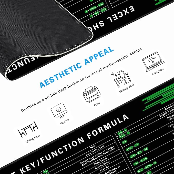 Excel Cheat Sheet Desk Pad, 31.5"x11.8", Waterproof Extra Large Excel Shortcut Mat with Stitched Edges, Anti-Slip Excel Mouse Pad for Office Desk, MS Excel/Word Shortcuts (Green Excel J)