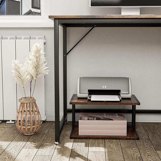 Printer Stand with 2 Tier Wood Shelves Desktop Organizer for Small Space Fax Machine Shelf Stand Books Trays Under Desk Shelf with Adjustable Anti-Skid Feet Vintage Brown