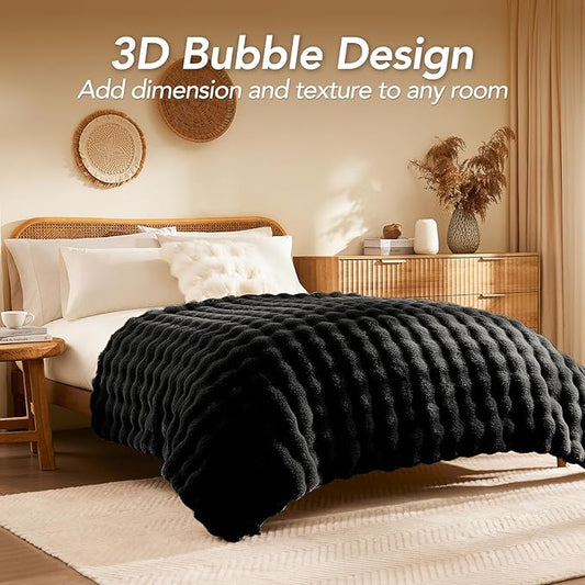 L'AGRATY Faux Rabbit Fur Blanket: 60" x 80" Twin Luxury Soft Fluffy Thick Fur Throw Blanket for Couch Bed Sofa - Cozy Plush Bubble Blankets for Winter: Flannel Fleece Decorative Blanket(Black)