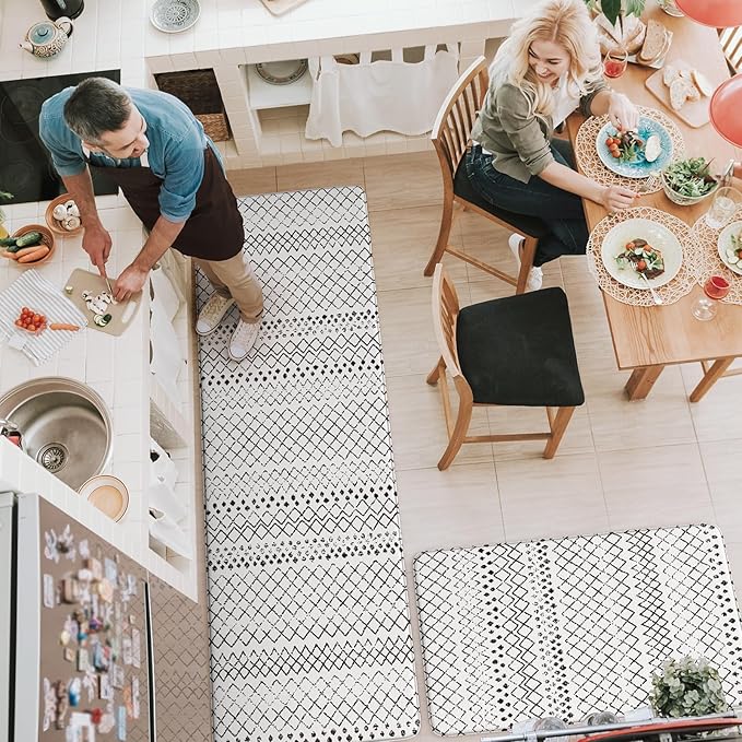 KIMODE Anti Fatigue Kitchen Mat for Floor, 20"x59"+20"x32" Kitchen Rugs Set of 2, Non Slip Kitchen Floor Mats Cushioned, Comfort Mats for Kitchen Floor Sink Laundry Office Desk Black and White