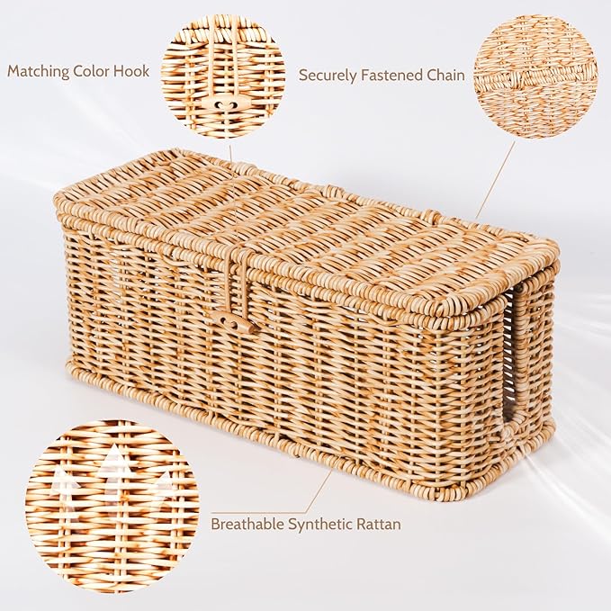 BROWNLILY Cable Management Box, Rattan Style Cord Organizer for Desk Cord Hider Outlet Covers Baby Proofing for Power Strip TV PC Router Charger Under Desk Storage with Lockable Lid and Cable Ties