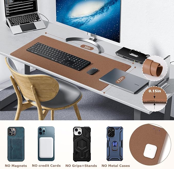 Wireless Charging Mouse Pad Firelison 2 in 1 Leather Multifunctional Office Desk Pad with Non-Slip Rubber Base, Waterproof Desk pad for Computers/Office/Work/Home/Decor（ 36" x 17"Buff - R）