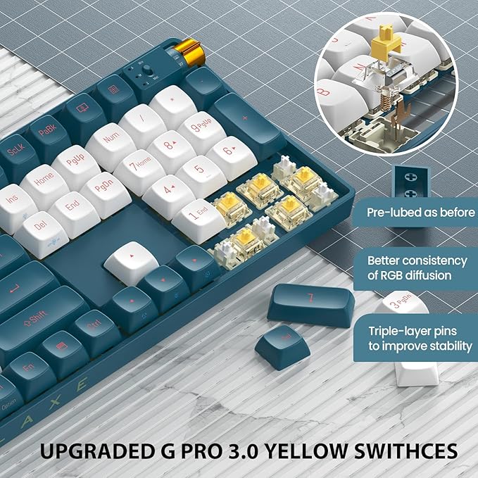 R108 Wireless Mechanical Keyboard, G Pro 3.0 Yellow Switch, Hot Swappable Wired/Bluetooth/2.4G Wireless Keyboard with RGB Light for Windows & Mac, PBT Keycaps, Whale Blue