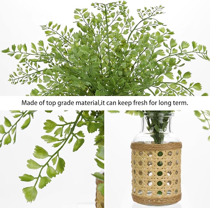 Faux Greenery Stems in Vase Aritificial Fern Plant in Glass Vase with Faux Water & Woven Cover Small Fake Desk Plants Greenery Centerpieces for Farmhouse Kitchen Dinner Tables Shelves Plants Decor
