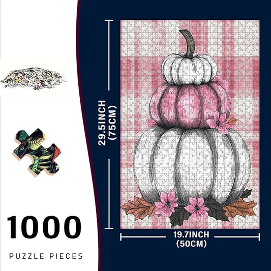 1000 Piece Wooden Puzzle Fall Pink White Pumpkin Adults Funny Challenge for Stress Relief & Entertainment Kids Family Challenging Jigsaw 29.5x19.7 Inch