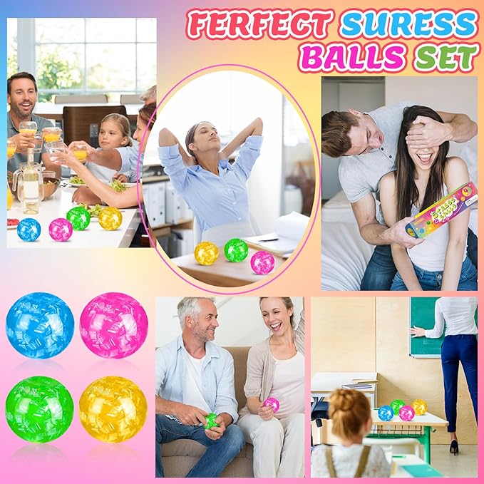 Stress Balls 4 Pack for Adults and Kids, Glitter Squeeze Toys, Sensory Toys for Kids with Autism, Squishy Fidget Toys for Stress and Anxiety Relief, Prize for Classroom