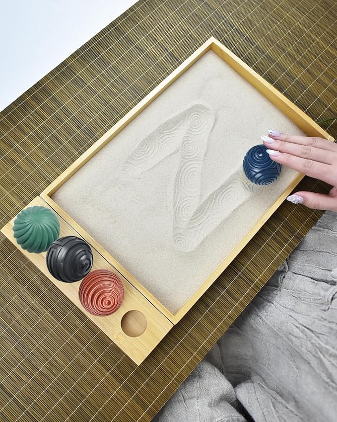 Artcome Jpanese Zen Garden Kit for Desk - Premium Mini Sand Garden with Bamboo Tray - Meditation Sand Tray with 4 Zen Balls and Rake Tools for Relaxation - Mindfulness Therapy Decor - Ideal for Gift