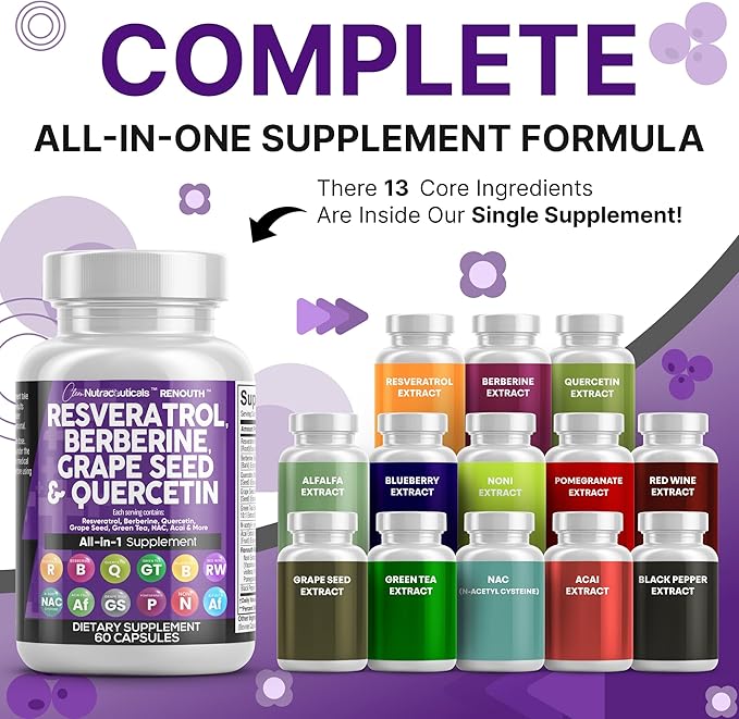 Clean Resveratrol Supplement | Berberine Grape Seed Extract Quercetin Green Tea Extract Acai Noni Polyphenol Supplement for Women & Men Anti Aging N-Acetyl Cysteine NAD Booster