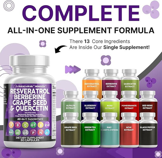 Clean Resveratrol Supplement | Berberine Grape Seed Extract Quercetin Green Tea Extract Acai Noni Polyphenol Supplement for Women & Men Anti Aging N-Acetyl Cysteine NAD Booster