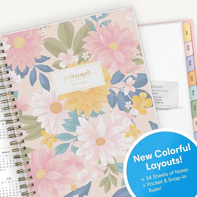 Blue Sky 2025-2026 Weekly and Monthly Academic Year Planner Calendar, July 2025 - June 2026, 5.8" x 8.6", Flexible Cover, Wirebound, Laminated Tabs, Storage Pocket, Daisy Garden