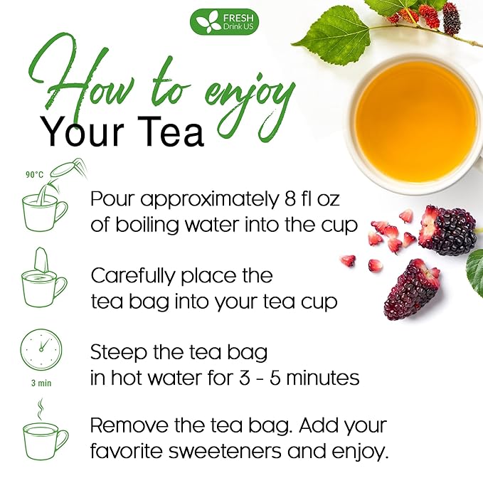 FreshDrinkUS Premium 75 Mulberry Leaf Tea Bags, 100% Natural & Pure. Loose Leaf Herbal Tea. Made with Natural Material Tea Bags. No Sugar, No Caffeine, No Gluten, Vegan