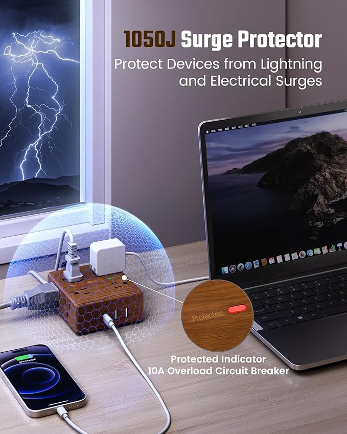 Brown Extension Cord 10Ft, Flat Plug Power Strip Surge Protector, 8 Outlets & 4 USB Ports (2 USB C), Desktop Charging Station Hidden Behind Furniture, Decorative Office Desk Accessories (Wood Grain)