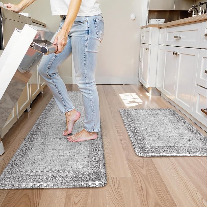 KIMODE Anti Fatigue Kitchen Mats for Floor, Boho Vintage Kitchen Rugs Sets of 2, Cushioned Kitchen Floor Mats Non Slip, Comfort Rugs for Kitchen Floor Sink Laundry Desk Grey 20"x59"+20"x32"