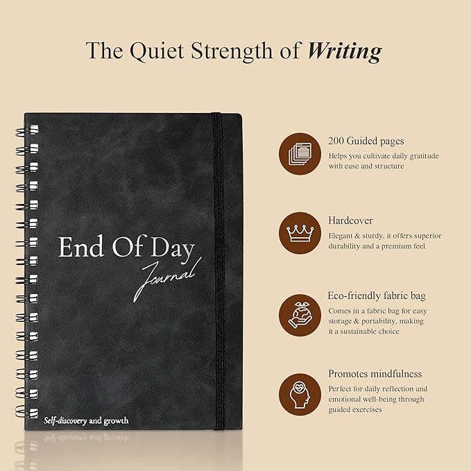 End of Day Journal – Day by Day Daily Gratitude Journal 2025 for Mindfulness, Happiness, Reflection, and Self Care, Undated Spiral Diary Gift for Women & Men