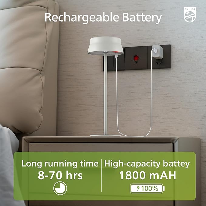 Philips Cordless Table Lamp, Portable Outdoor LED Desk Light,Rechargeable Battery Operated, 2 Adjustable Height, Touch Control & 3 Color Stepless Dimming, Waterproof Lamps for Restaurant/Bedroom