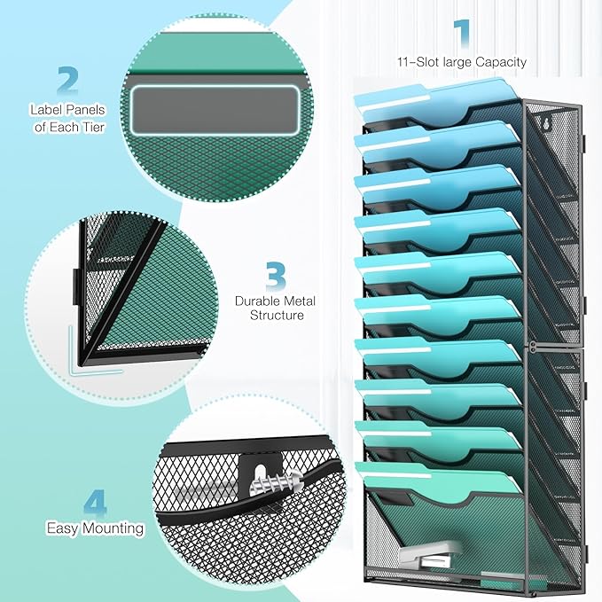 11-Tier Wall File Organizer Hanging Wall File Holder Wall Mount Paper Folder Organize, Mesh Magazine Document Mail Organizer Wall Organizer for Office School Home, Black