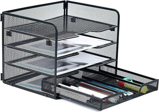SETTFRFE 4 Tier Mesh Paper Letter Tray,Desk File Organizer with A Sliding Drawer,Office Supplies Desk Organizer for Home Office,Black.