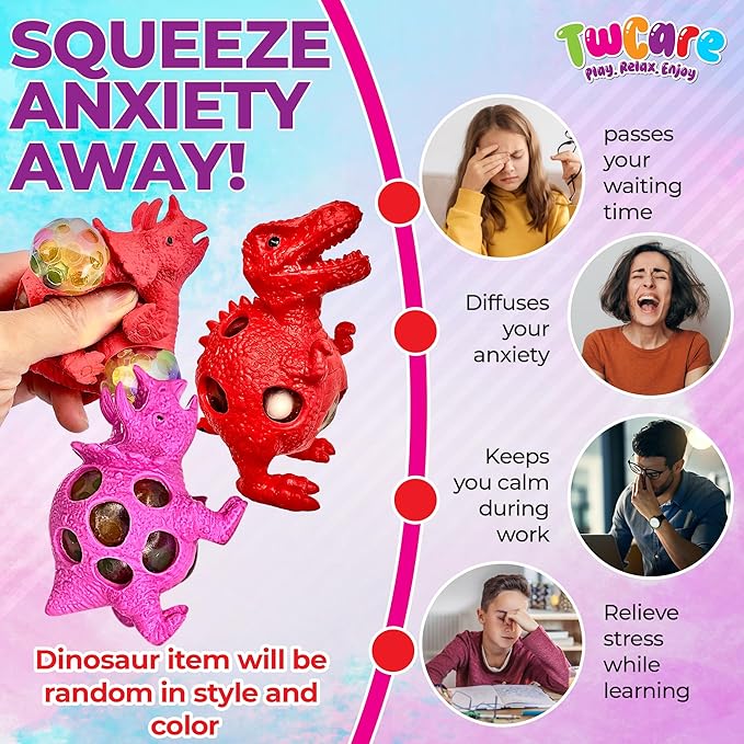 6 Pack Stress Balls, Vent Dinosaur Fidget Mesh Squishy Stress Relief Toys for Adults Anxiety Sensory Squeeze Pop Colorful Basket Stuffers Classroom Student Rewards Carnival Prizes Birthday Goody Bag