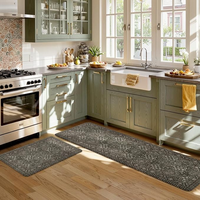 KIMODE Anti Fatigue Kitchen Mats 20"x59"+20"x32", Boho Vintage Kitchen Floor Mats Non Slip, Waterproof Kitchen Mat for Floor, Farmhouse Comfort Standing Mat for Laundry Office Sink Desk Green/Grey