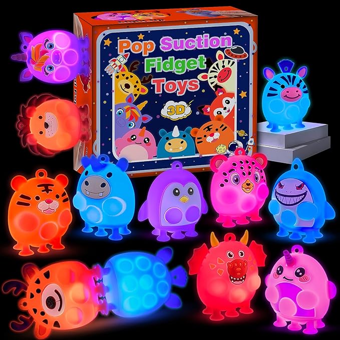12 PCS Light Up Animal Suction Pop Fidget Toys, Glow Party Favors for Kids Goodie Bags Stuffers, Pinata Stuffers, Carnival Prizes, Light Up Toddler Toys, Kids Prizes