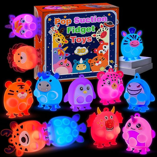 12 PCS Light Up Animal Suction Pop Fidget Toys, Glow Party Favors for Kids Goodie Bags Stuffers, Pinata Stuffers, Carnival Prizes, Light Up Toddler Toys, Kids Prizes