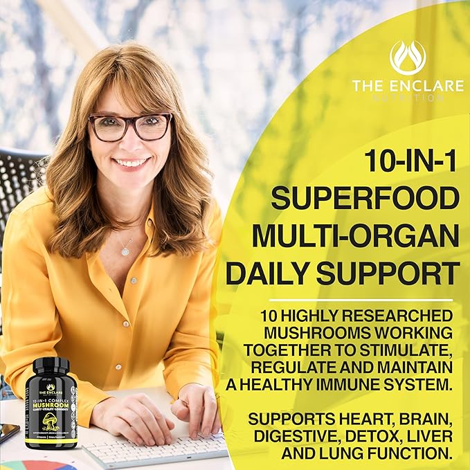 THE ENCLARE NUTRITION Mushroom Supplement - 10in1 Complex Immune Support, Energy, Nootropic Brain, Immunity Booster Lions Mane,Reishi,Turkey Tail,Cordyceps,Chaga,Maitake,Shiitake,Agaricus(3)
