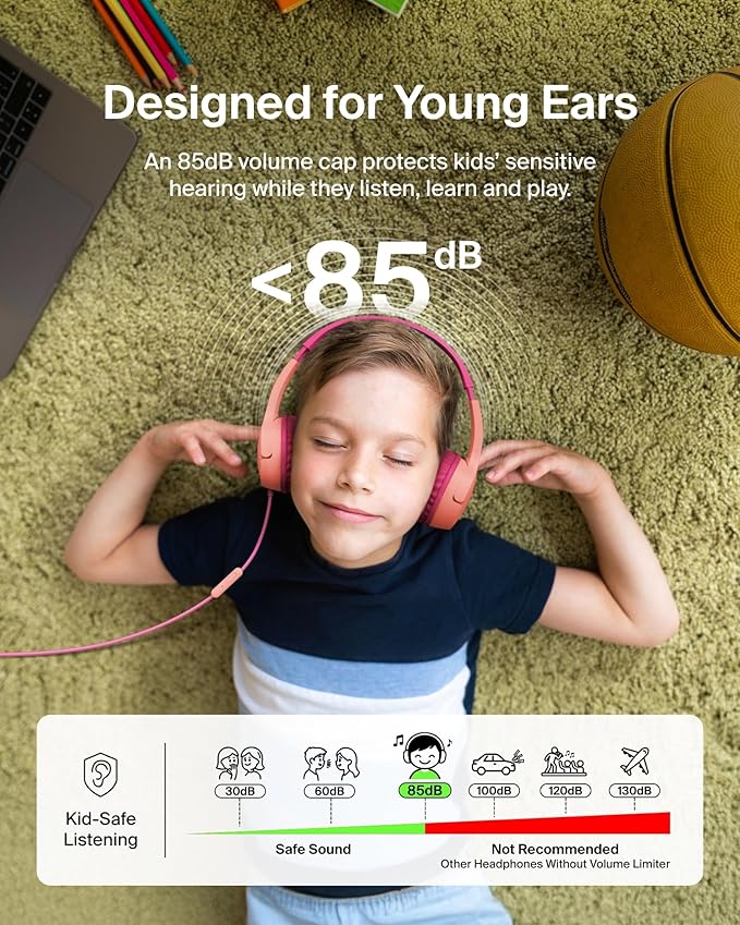 Belkin SoundForm Mini Kids Wired Headphones w/USB C to 3.5mm Dongle, Built-in Mic & Fun Stickers, 85dB Max Volume – for Online Learning, Travel, Compatible w/iPhone 16, iPad, Galaxy S25, etc - Pink
