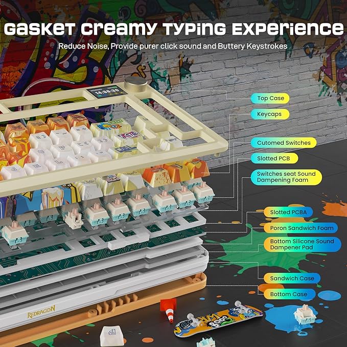 Redragon Wireless Mechanical Gaming Keyboard - Gasket-Mounted RGB Backlit, Custom Keys, 3-Mode(Bluetooth/2.4G/USB), Hot-Swap Pre-Lubed Switches, Screen & Control Knob - Doodle Style