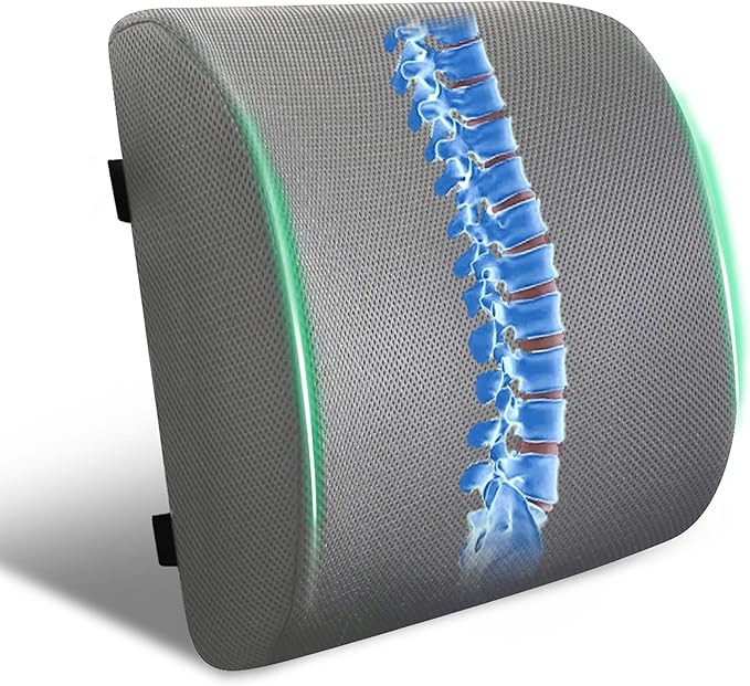Lumbar Support Pillow for Office Chair and Car,Back Support for Office Chair,Charcoal Memory Foam Back Cushion with Breathable Mesh Cover,Double Adjustable Straps,Grey