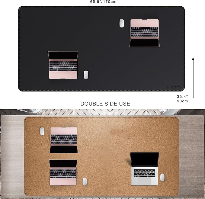 MAIDERN Leather Desk Mat Large XL, 66.9” x 35.4” Reversible Office Desk Pad Mat, Cork & Leather Large Mouse pad for Desk, Waterproof Computer Desk Mat for Gaming Home Office (Black)