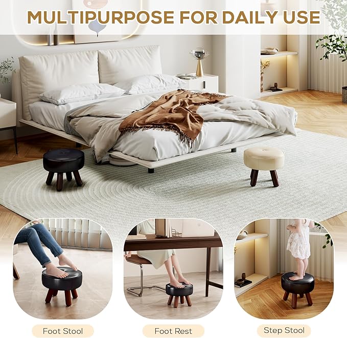 13in Small Foot Stool Ottoman, Round Faux Leather Foot Rest, Footstool Ottomans with Rubber Legs Under Desk, Footrest for Couch, Living Room, Bedroom, Office, 13''L x 13''W x 10.2''H, Black