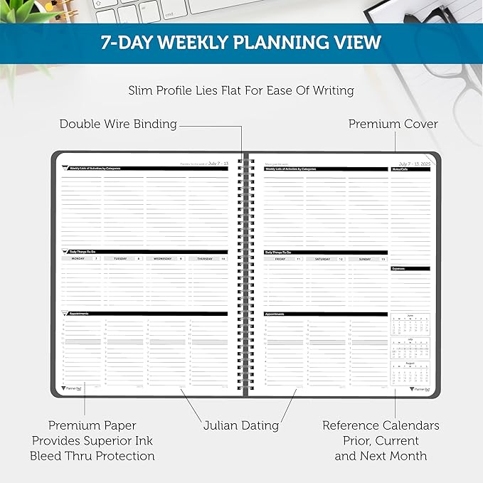 Planner Pad Spiral Bound 3-Tier Funnel Down 12 Month Organizer, July 2025 – June 2026 / Academic Year, Black Cover/Black Ink, 6 3/4" x 8 1/2"