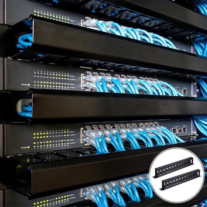 PATIKIL 1U 19 Inch Cable Management, 1 Pack 12 Slot Horizontal Rack Mount Wire Management Metal Finger Duct Wire Organizer for Network Cabinet, Black