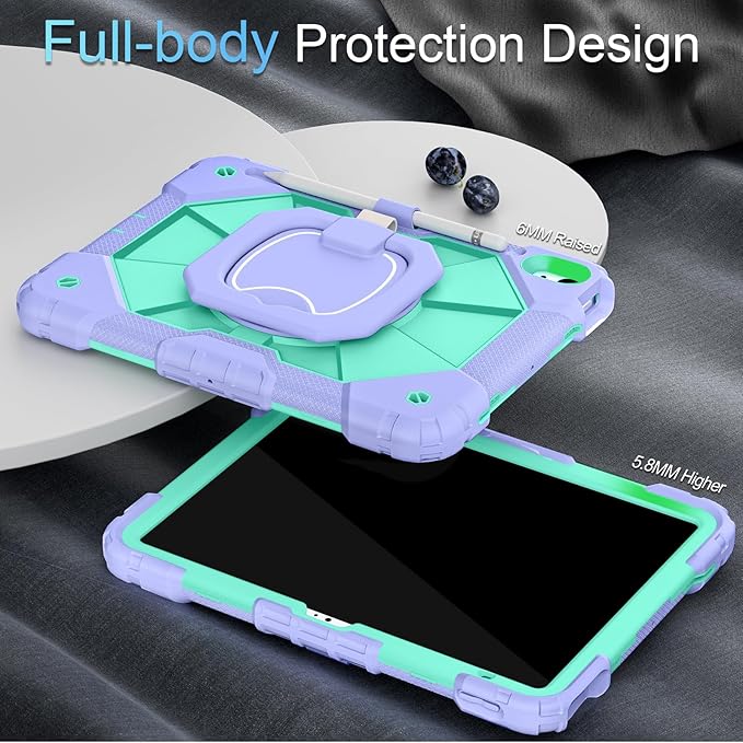 Case for iPad (A16) 11th/10th Generation 2025/2022,Kids Friendly iPad Case 10th Generation with Rotating Stand Screen Protector,Shockproof Cover for i Pad 11.0/10.9 Inch C ase,Purple Green