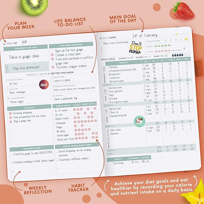 Clever Fox Wellness Planner - Weekly & Daily Health and Wellness Log, Food Journal & Meal Planner Diary for Calorie Counting, Notebook for Medical Condition Tracking, A5-Sized - Orange