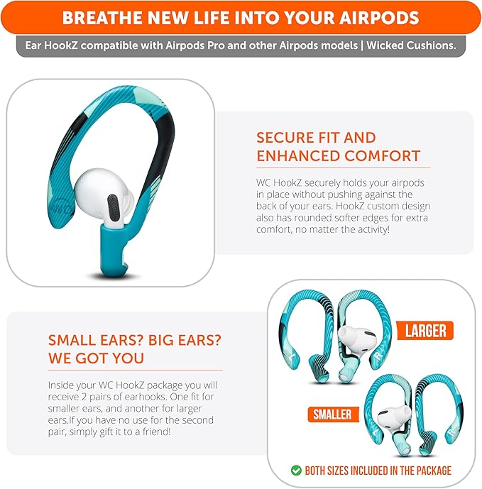 WC HookZ - Patented Upgraded Over Ear Hooks for AirPods Pro 1, 2 & AirPods 1, 2 & 3- Two Size Pairs Included in Package, Unique Left & Right Hook, Made by Wicked Cushions | Cyan Prism