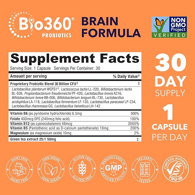Cognitive Support Probiotic for Brain Health, Digestive, Immune Health & Mental Energy, 30 Billion, 10 Probiotics, 25X Green Tea Extract, Magnesium & Vitamin B5, B6 & B12, 30CT