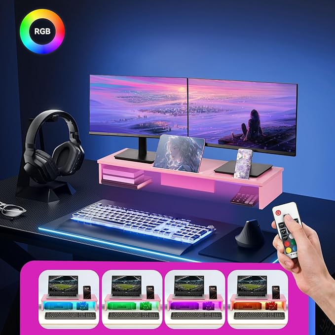 Dual Monitor Stand Riser with LED Lights and Phone Tablet Holder, 35.8in Large Monitor Stand for Desk, Computer Monitor Stand for 2 Monitors, Desktop Shelf Organizer for Laptop, Printer, TV