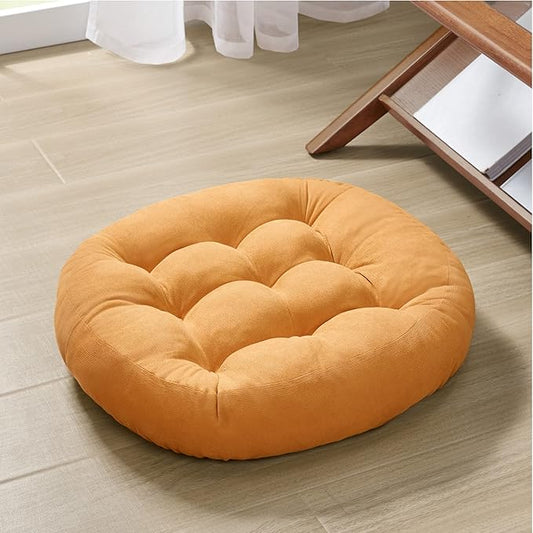 Degrees of Comfort Meditation Floor Pillow, Round Large Pillows Seating for Adults, Tufted Corduroy Cushion for Tatami Living Room, Orange Yellow 22 Inch