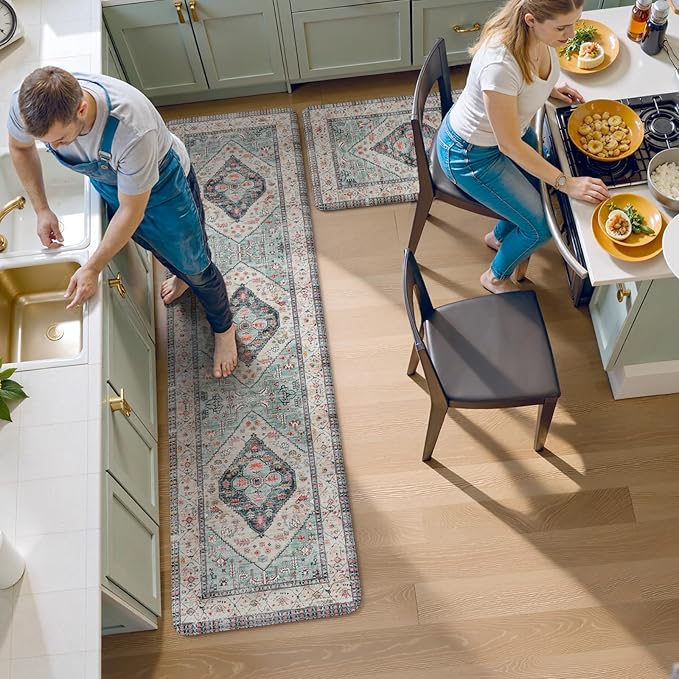 KIMODE Anti Fatigue Kitchen Mats for Floor 2 Piece, Non Slip Cushioned Kitchen Floor Mats, Comfort Memory Foam Standing Desk Mats for Laundry Office Sink Blue 20"x71"+20"x32"