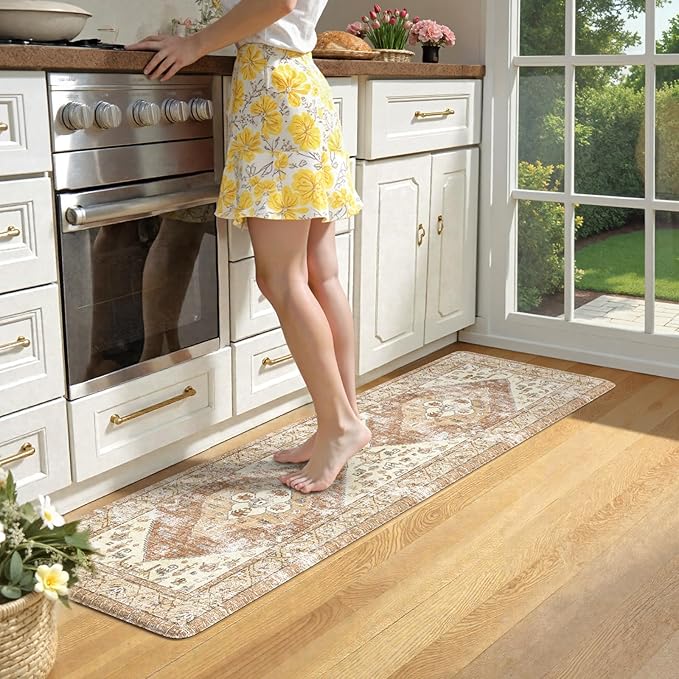 KIMODE Kitchen Runner Rug,17.3" x 59" Farmhouse Anti Fatigue Kitchen Mats for Floor Cushioned,Non-Slip Waterproof Comfort Thick Kitchen Floor Standing Mat for Front Sink,Laundry Room,Mutil-Khaki